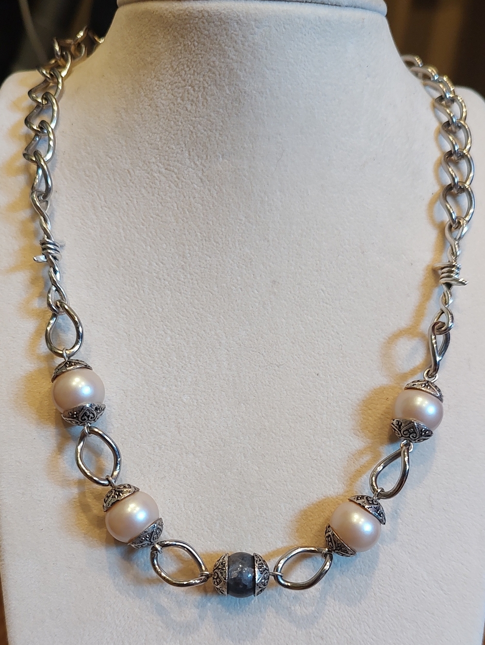 Silver Necklace With Silver Capped Pearl And Larvikite Beads 18 1/2 Inches
